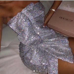 House of CB Grace Sequin Strapless Dress Holographic Silver Size XS